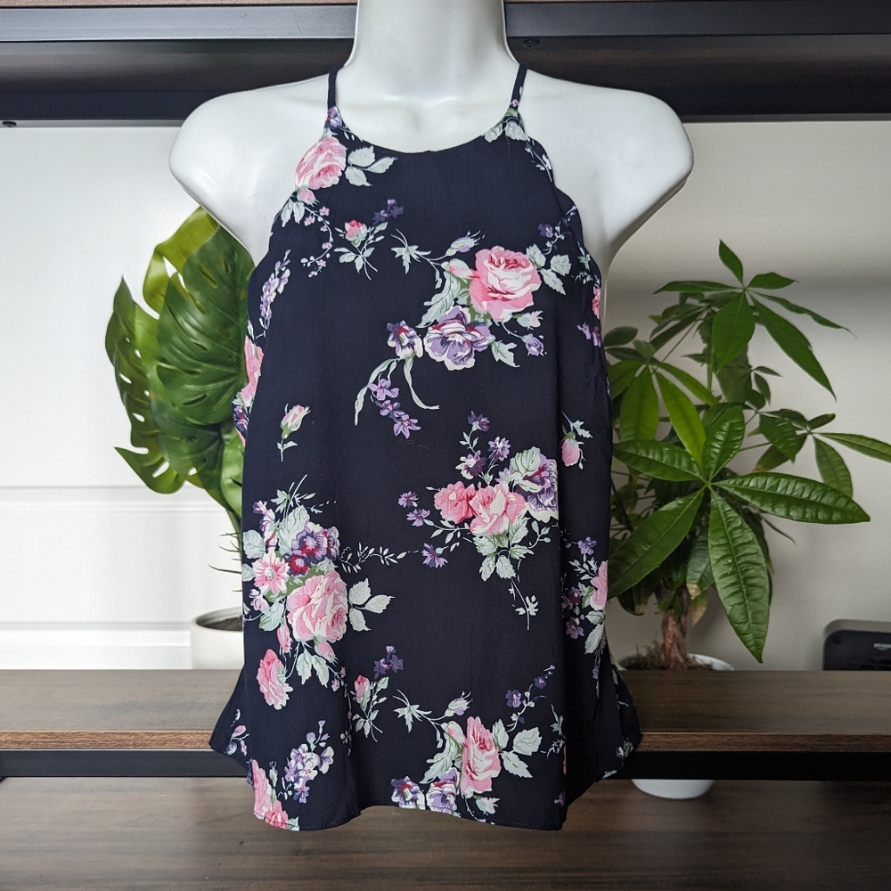 inTu High Neck Navy Blue Floral Blouse